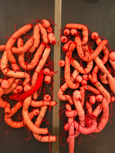 A large textile work made of red and pink soft-sculpture tube forms, threaded with round bead-like shapes and trailing lengths of red yarn, mounted on a dark wall in two joined panels.