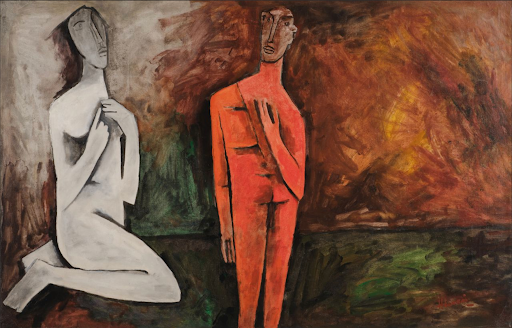 A painting of two standing figures against an ochre and brown ground: a pale grey-white kneeling nude on the left, and an orange-suited standing figure on the right.