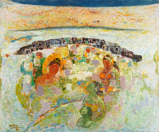 A painting of a village scene under a dark blue sky: a curved line of huts along the horizon above pastel figures gathered near water, in greens, oranges and yellows.