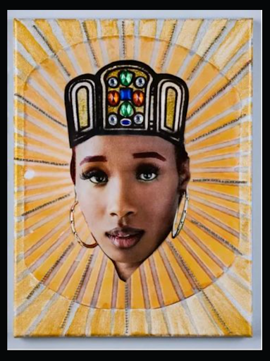 A mixed-media portrait: a woman's face collaged onto a painted jewelled crown, framed by radiating gold and cream rays.