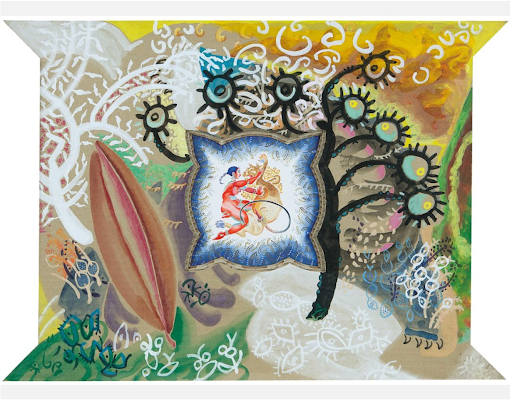 A mixed-media work on a gold and green ground patterned with white linework of branches and eye motifs, framing a small blue-bordered miniature-style painting of two embracing figures at its centre.