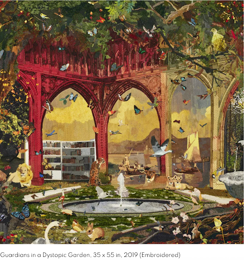 An embroidered work: a red and cream stone archway wreathed in trees, birds and butterflies, opening onto a fountain, bookshelves, big cats and a harbour scene.