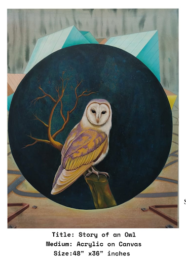 A painting of a barn owl perched on a branch stump inside a dark circular frame, set against a pastel geometric background of mountains and buildings.
