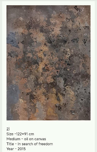An abstract painting in warm ochre, ash-grey and black scattered brushwork, thinning toward a pale wash at the top.
