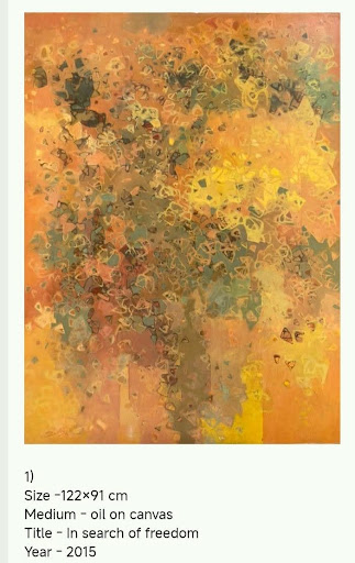 An abstract painting in warm ochre and yellow scattered brushwork over a teal-green ground, denser and brighter than its companion piece.
