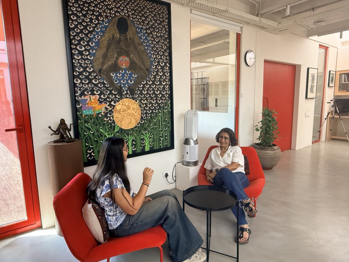Seema Kohli seated in conversation during her recorded interview for Traceable.