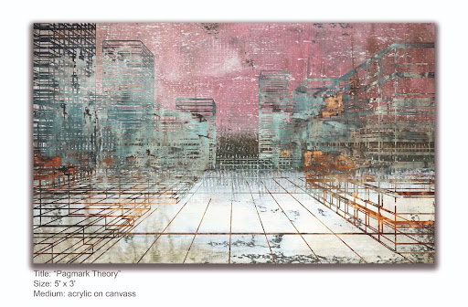An abstract painting of a scaffolded cityscape in muted teal and grey, rendered in overlapping grid lines, under a pink sky.