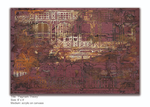 An abstract painting of ornate carved architecture in gold and maroon, textured to look weathered and eroded.