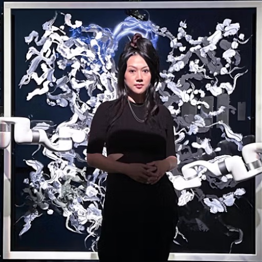 Sougwen Chung standing in front of a large dark canvas covered in white and blue calligraphic marks, with the white arms of two drawing robots reaching in from either side of the frame.